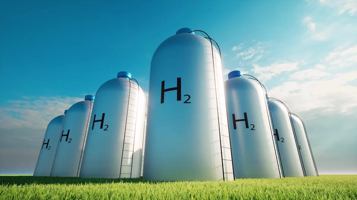 H2 Hydrogen clear energy Ecological future Alternative concept Environmental technology Blue sky Fuel storage tanks 3d render