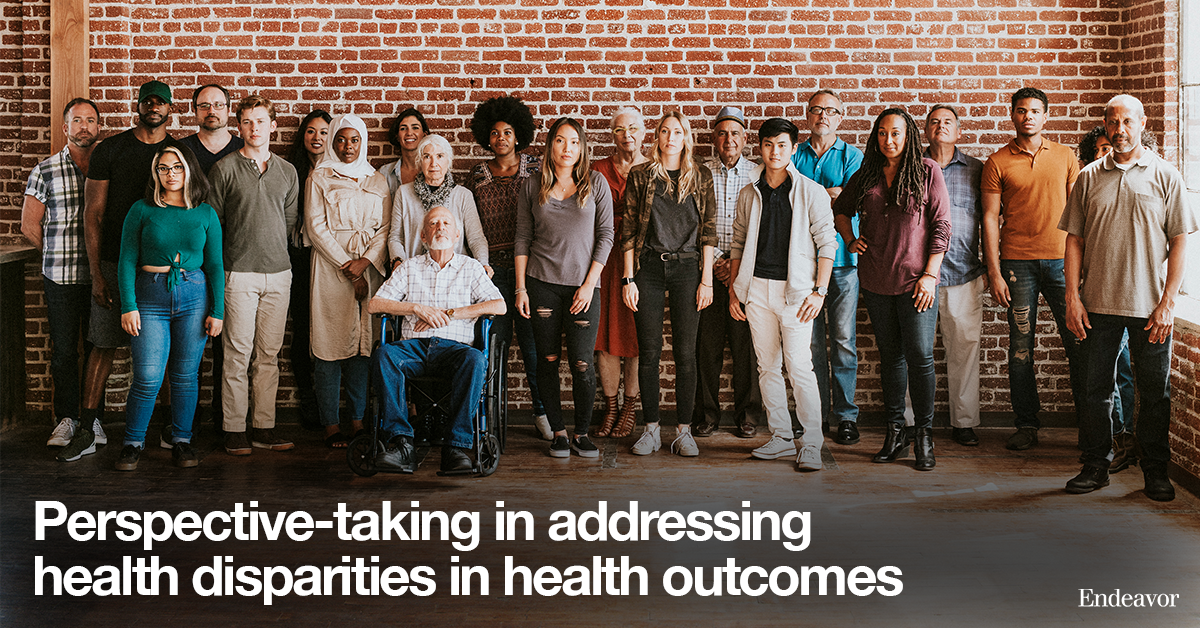 A diverse group of people stand against a brick wall. The overlay text reads: Perspective-taking in addressing health disparities in health outcomes