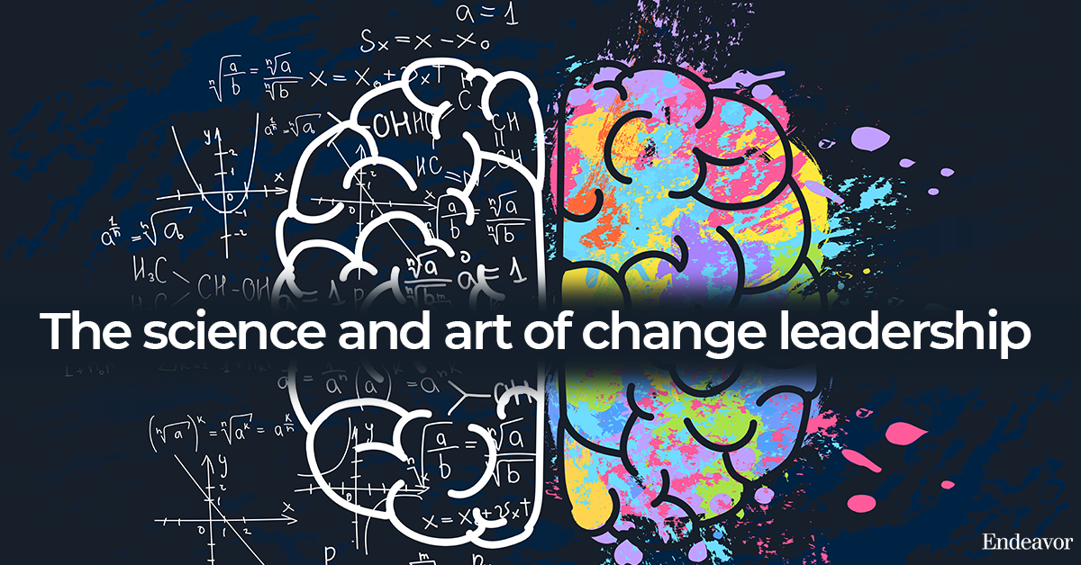 A white brain outline on a blue background with math equations on the left and a bright colorful brain outline on the right. The text reads: The Science and art of change leadership