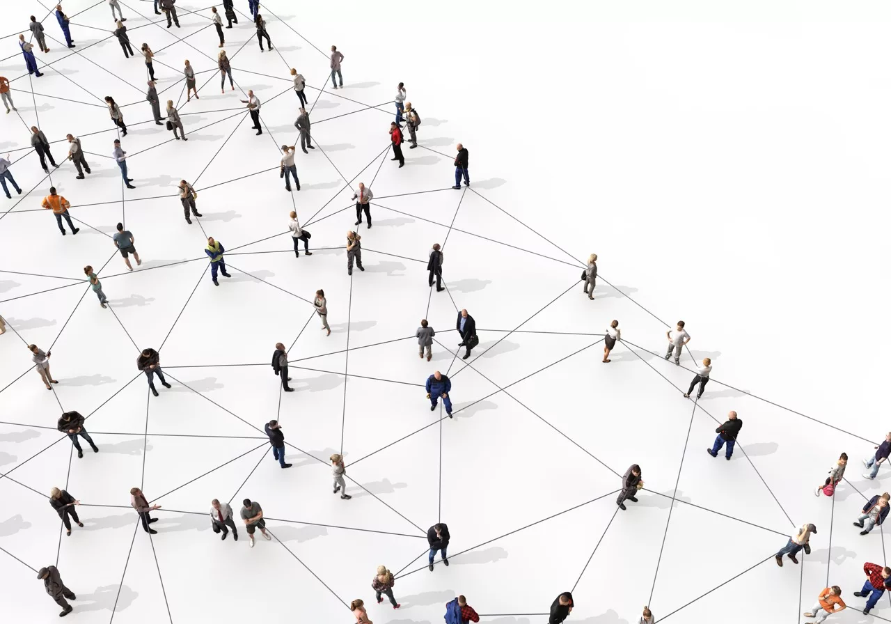 Large group of diverse people connected by lines. 3D Rendering