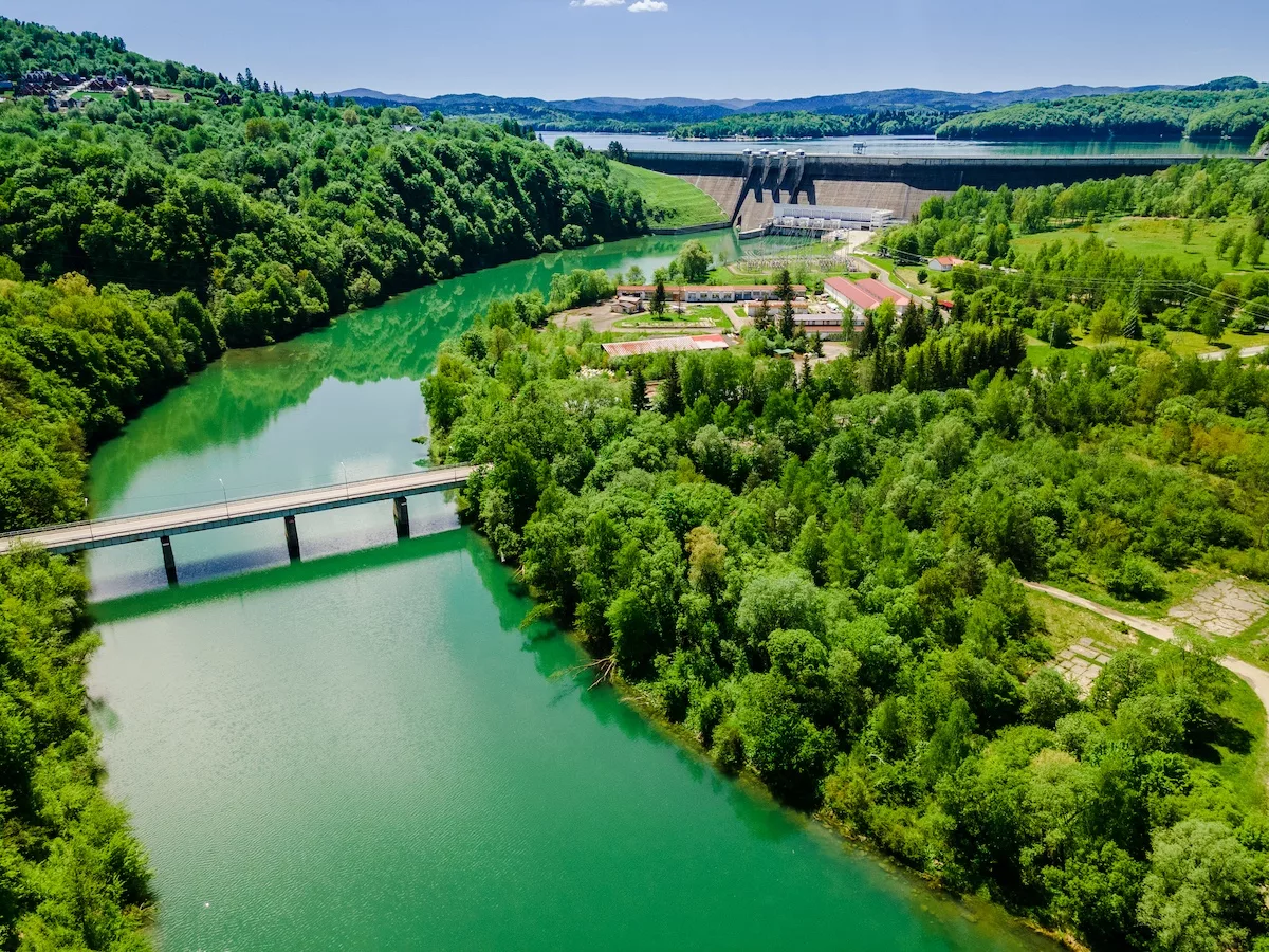 Renewable Green Energy. Hydropower Plant on Solina Lake in Poland. Drone View