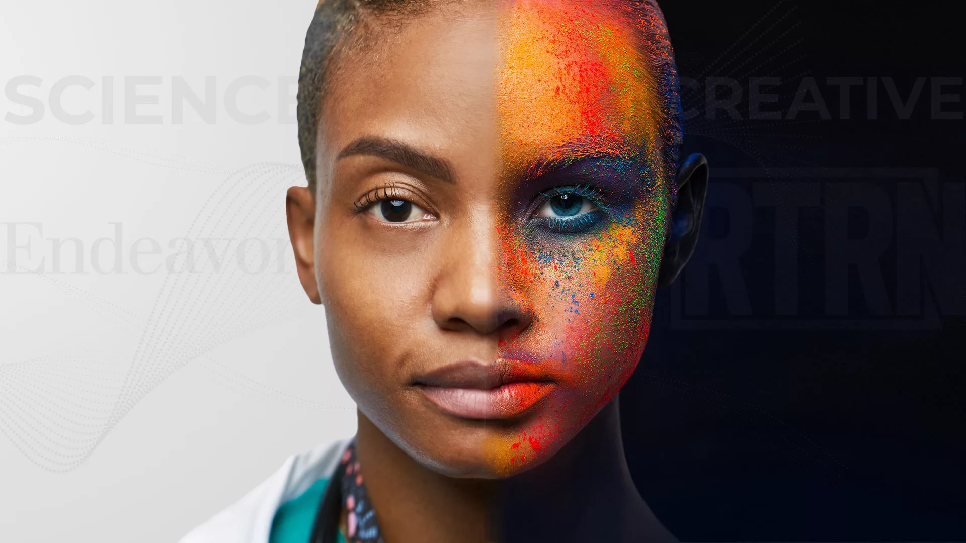 Marketing Strategy uses bright bold images like this one showing two half faces put together, one of a doctor, the other with paint splattered on her face