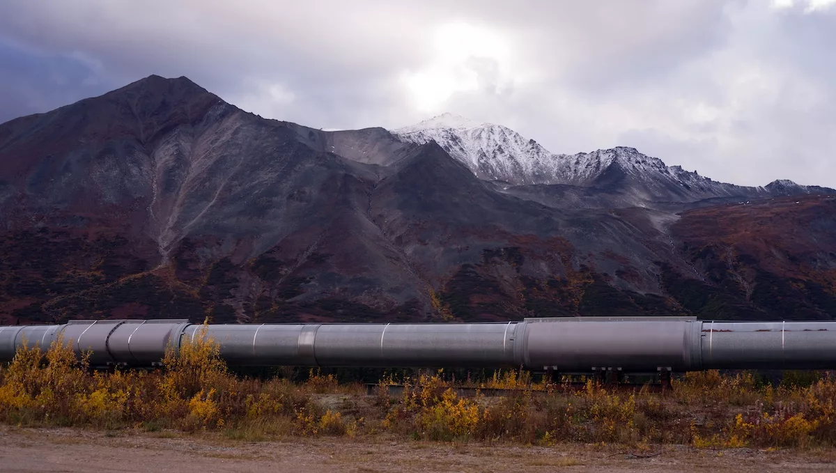 The Trans-Alaska Pipeline Passes in front Of Mountains and Tundra