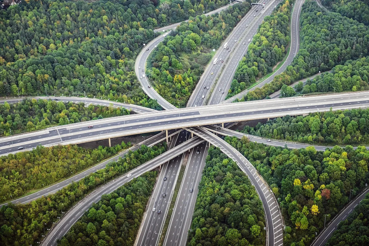London, England,Aerial view of intersecting highways near trees, London, England