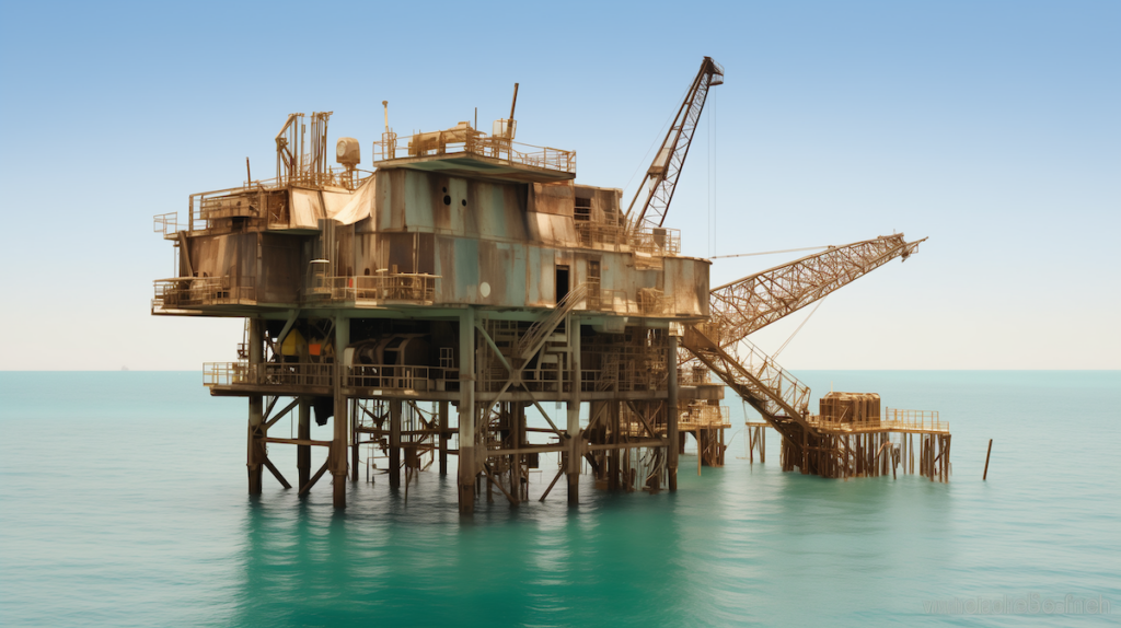 an ai imagined abandoned oil rig that is run down and rusty sitting in the ocean.